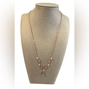 #746 Rose Gold Tone Crystal Pearl Drop Necklace Elegant